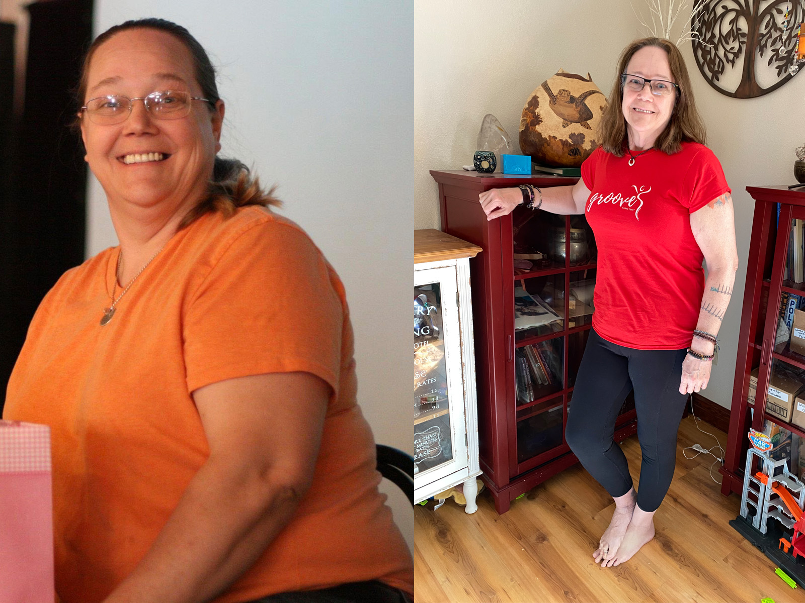 Before and after weight loss photo of a smiling woman.