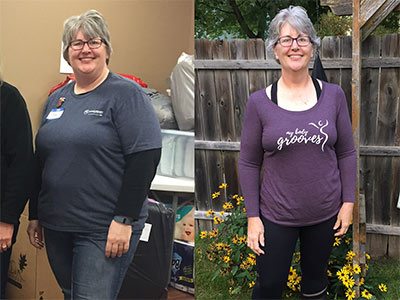 A woman showcases her weight loss transformation in before and after photos.